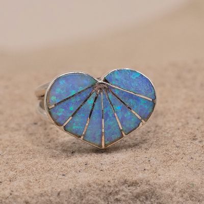 Large Blue Opal  Heart Ring