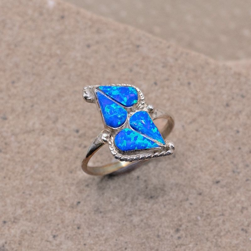 Double Heart Blue Opal Ring