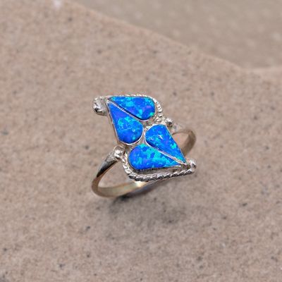 Double Heart Blue Opal Ring