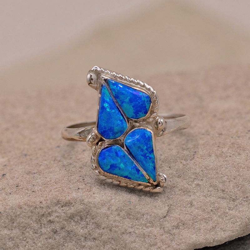 Double Heart Blue Opal Ring