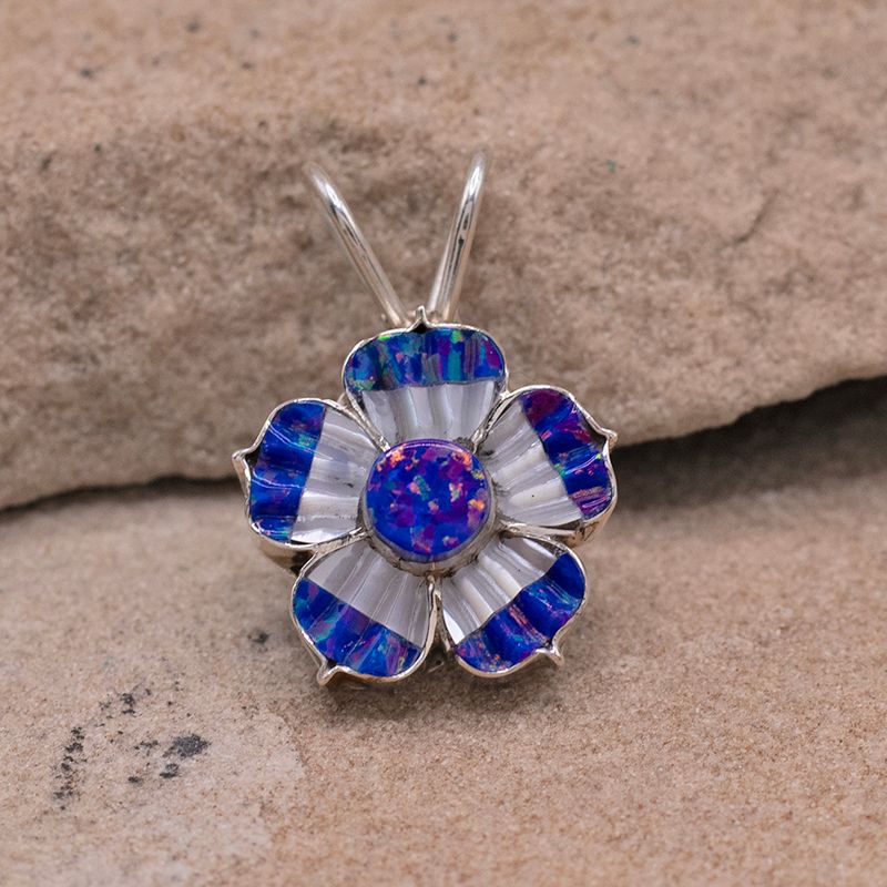 Small Blue and White Opal Flower Pendant