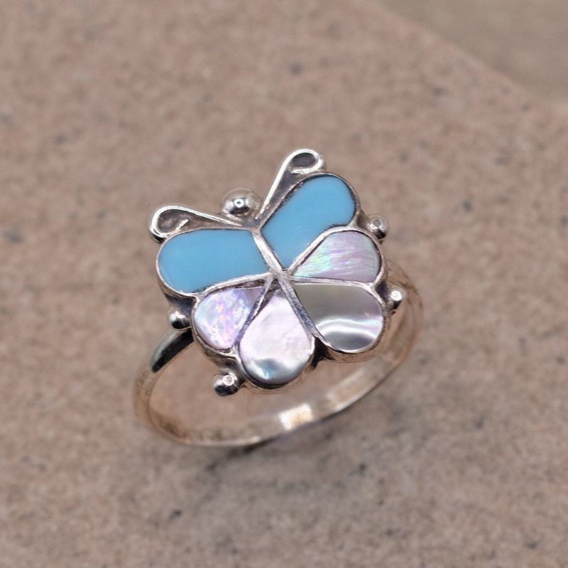 Turquoise and Opal Inlay Butterfly Ring