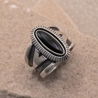 Large silver ring w/ black onyx stone- Curtis Willie