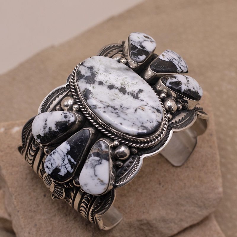 Extra large 7 Stone White Buffalo stone Cuff- Happy Piaso
