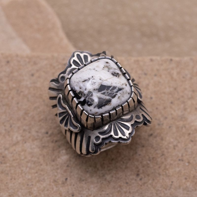 Large White Buffalo Ring with Silver details