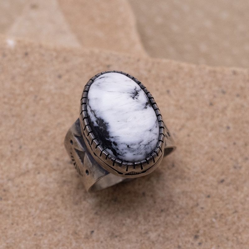 Oval White Buffalo Ring with saw cut and stamped bezel
