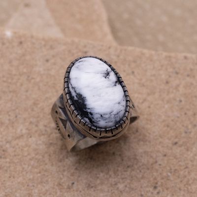 Oval White Buffalo Ring with saw cut and stamped bezel