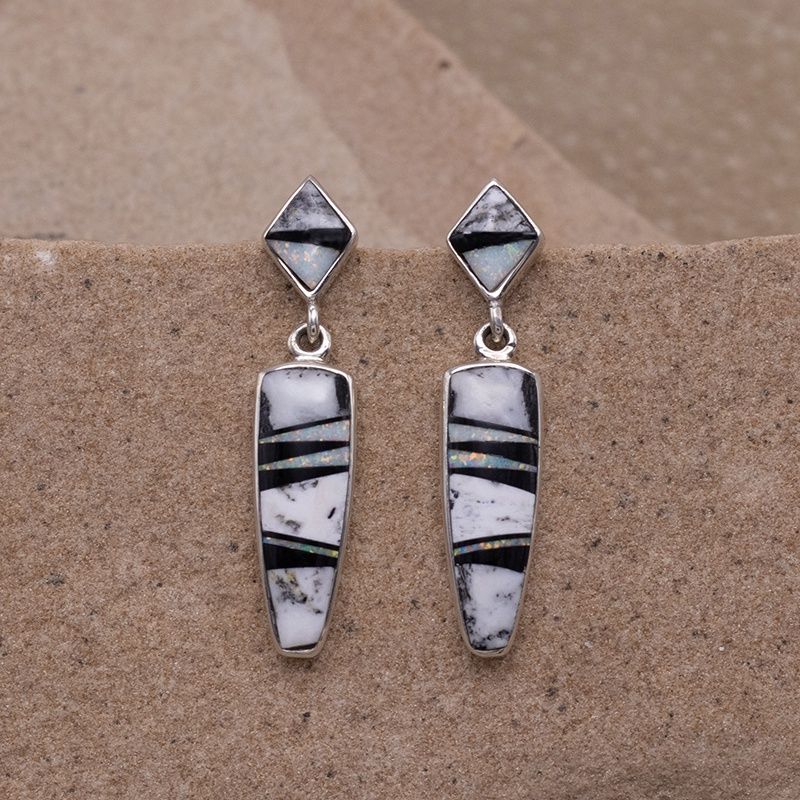 White Buffalo stone Inlay earring with cultured opal &amp; Jet