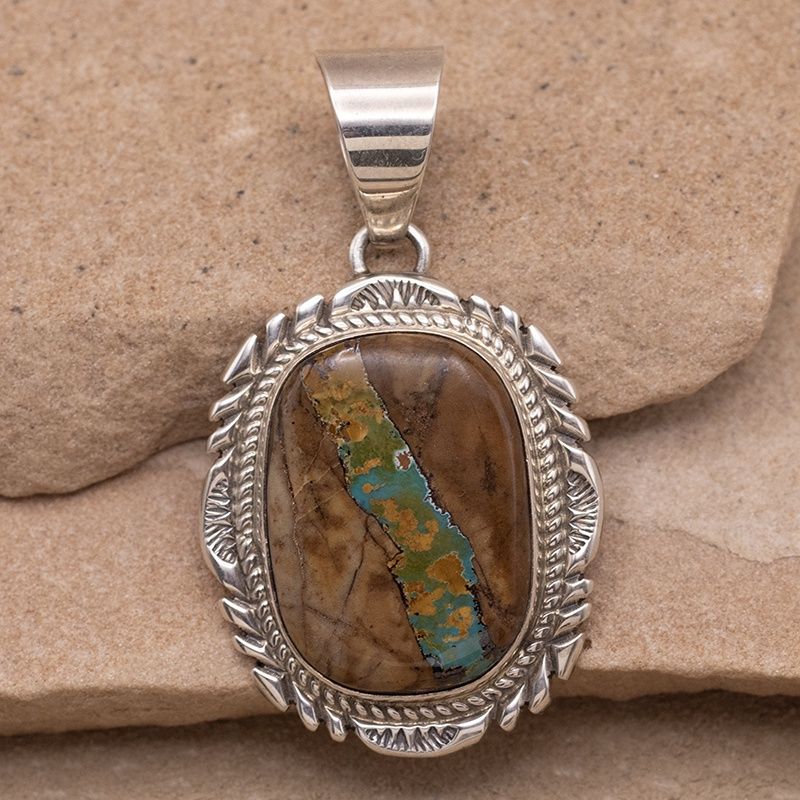 Boulder Turquoise Pendant with Silver Stamp Details