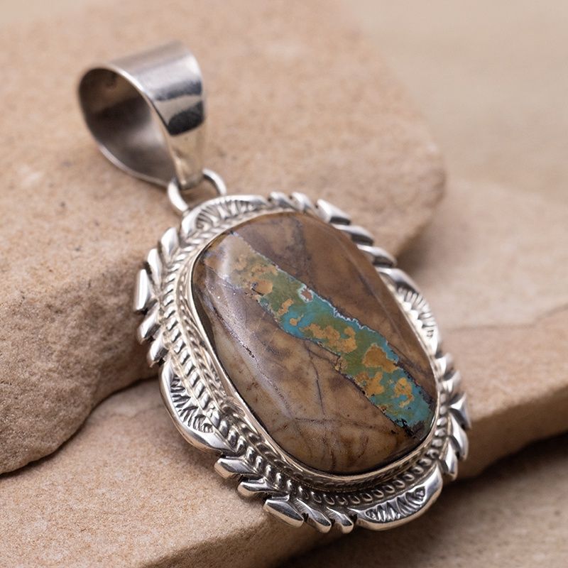 Boulder Turquoise Pendant with Silver Stamp Details