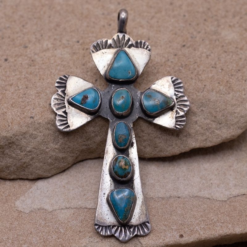7 Stone Blue Gem Turquoise Cross