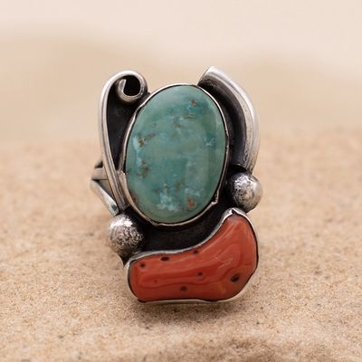 Turquoise and Coral Pawn Ring