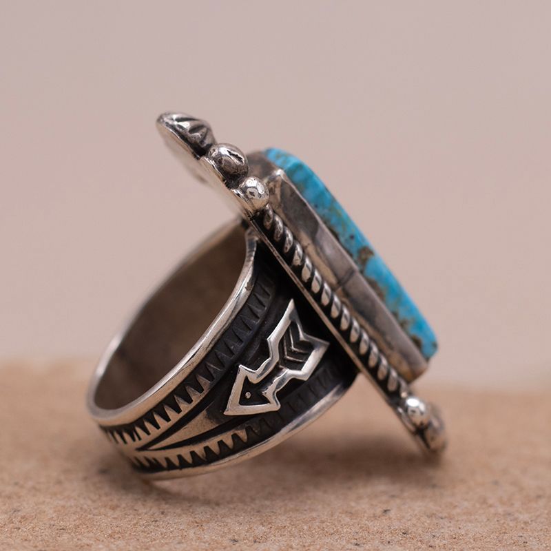 Long Kingman Turquoise Ring With Stamped Details by Albert Jake