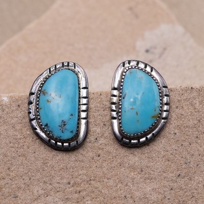 Kingman Turquoise Single Stone Earrings with Stamp Details
