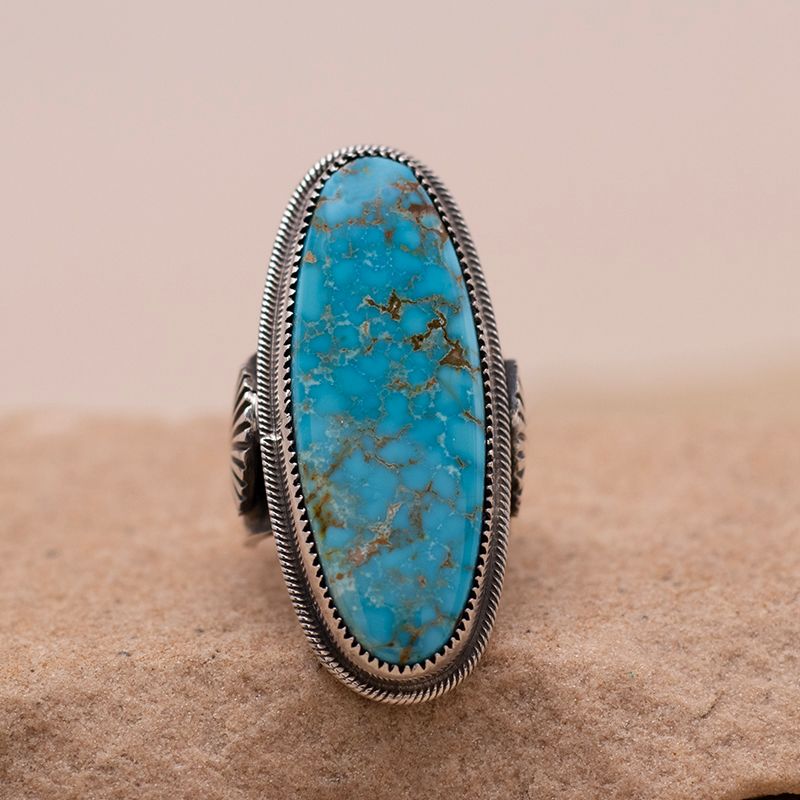 Long Oval-Shaped Kingman Turquoise Ring