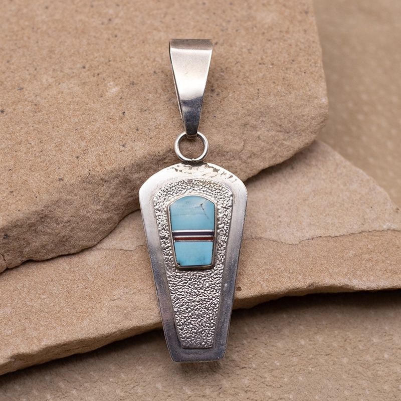 Unique Inlay Silver and Turquoise Pendant