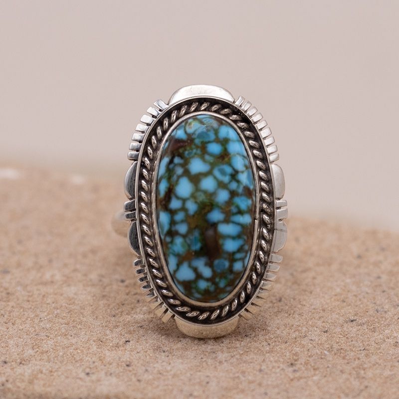 Kingman Turquoise Ring with Twist Wire and Sawcut Details
