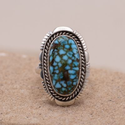 Kingman Turquoise Ring with Twist Wire and Sawcut Details