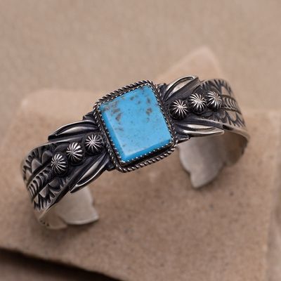 Single Stone Kingman Turquoise Cuff with Stamped Details