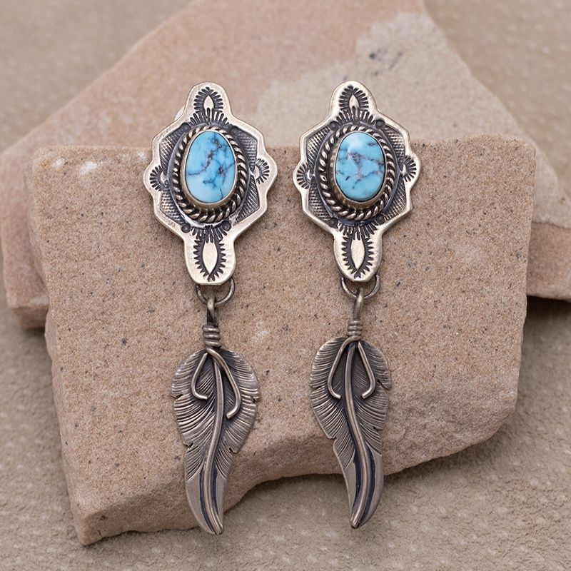 Concho Earrings with Kingman Turquoise and Feather Dangle