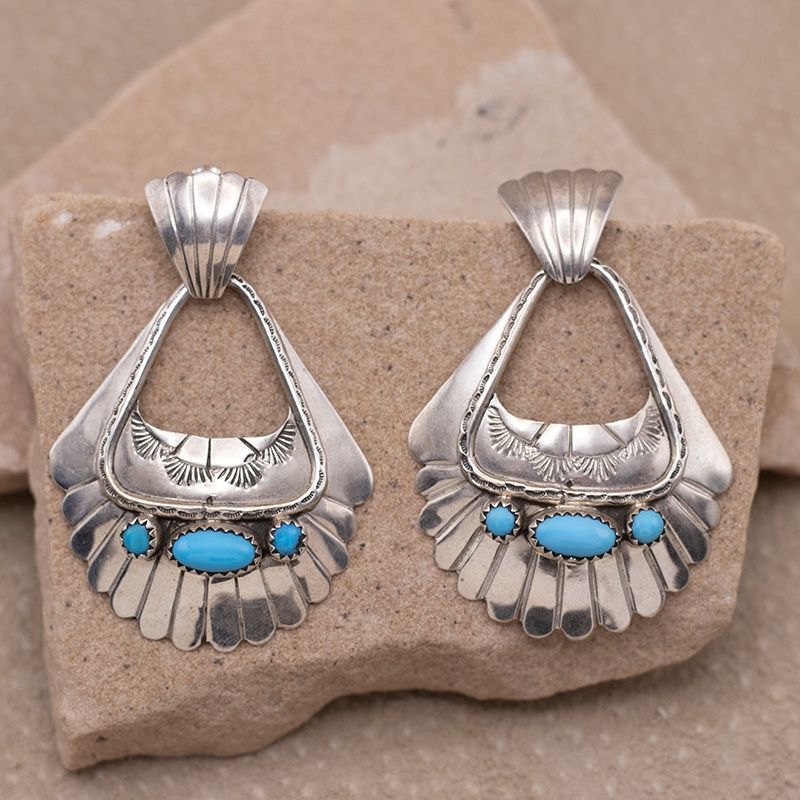 Large Dangle Stamp Earrings with Kingman Turquoise Stones