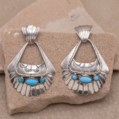 Large Dangle Stamp Earrings with Kingman Turquoise Stones