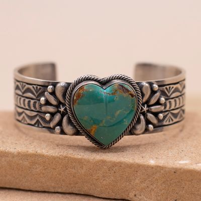 Stamped Kingman Turquoise Heart Cuff