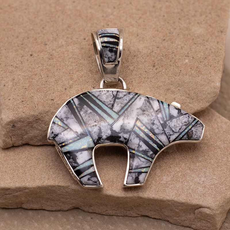 Reversible Bear Pendant with White Buffalo, Jet &amp; Cultured Opal Inlay