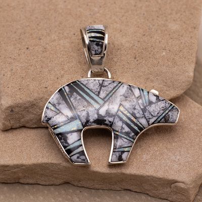 Reversible Bear Pendant with White Buffalo, Jet &amp; Cultured Opal Inlay