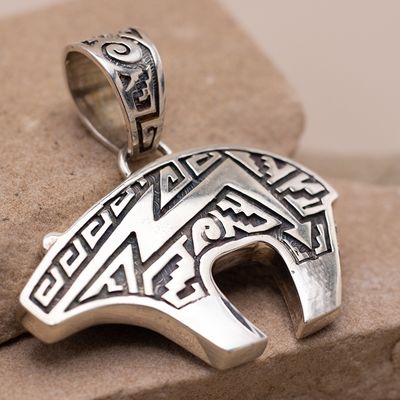 Reversible Bear Pendant with White Buffalo, Jet &amp; Cultured Opal Inlay