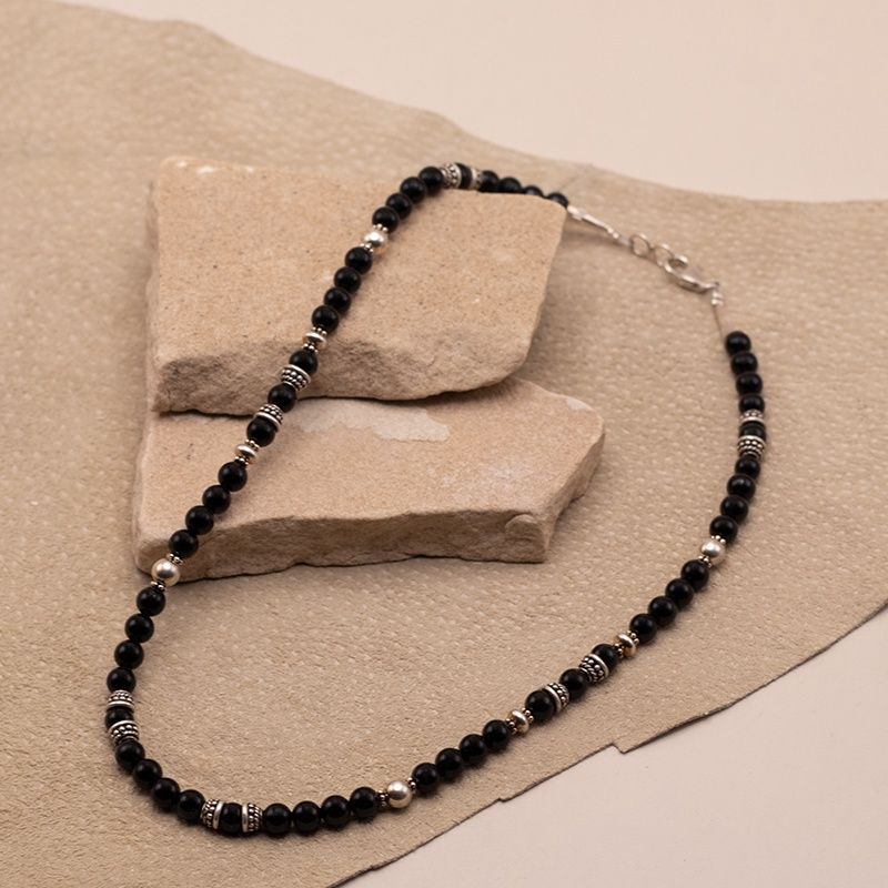 Black Onyx &amp; Silver Bead Necklace