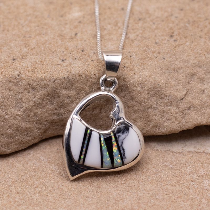 Open Heart Pendant Featuring White Buffalo, Jet and Cultured Opal Inlay
