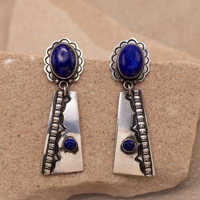 Unique Post Earrings with Stamping Details &amp; Lapis Stones