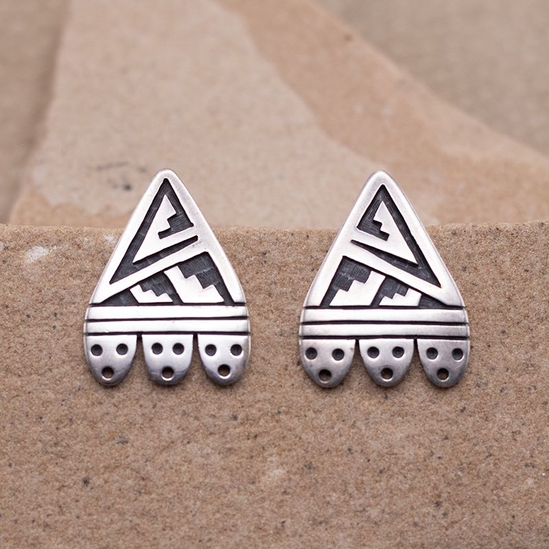 Unique Hopi Rain Cloud Overlay Post Earring by Benjamin Mansfield
