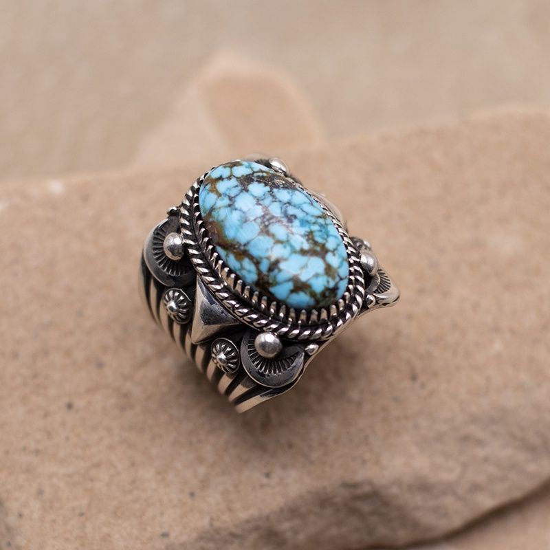 Single Stone Kingman Ring w/ Triangle Repoussé Detail by Delbert Gordon