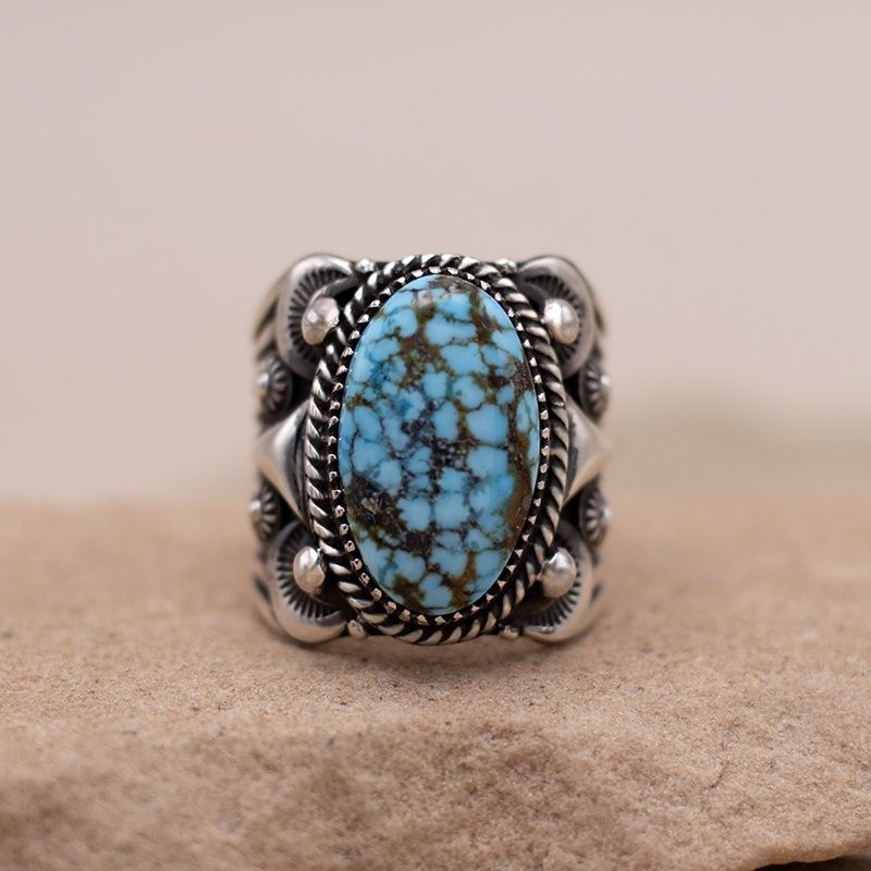 Single Stone Kingman Ring w/ Triangle Repoussé Detail by Delbert Gordon