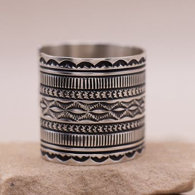 Wide Stamped Silver Cuff Bracelet by Guy Hoskie