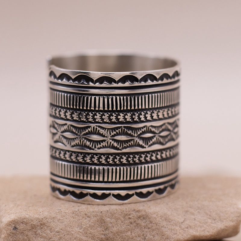 Wide Stamped Silver Cuff Bracelet by Guy Hoskie