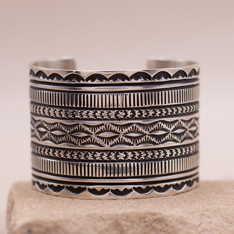 Wide Stamped Silver Cuff Bracelet by Guy Hoskie