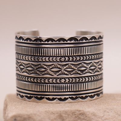 Wide Stamped Silver Cuff Bracelet by Guy Hoskie