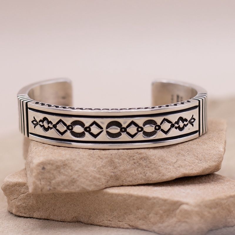 Heavy Stamped Silver Cuff Bracelet by Albert Jake