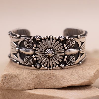 Intricate Silver Cuff Bracelet by Delbert Gordon
