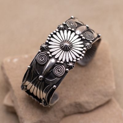 Intricate Silver Cuff Bracelet by Delbert Gordon