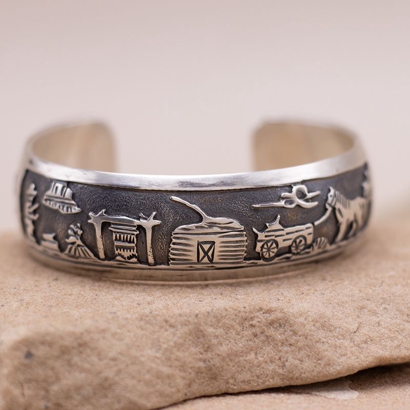 Navajo Storyteller Cuff Bracelet with Hogan and Rug Weaver Scene