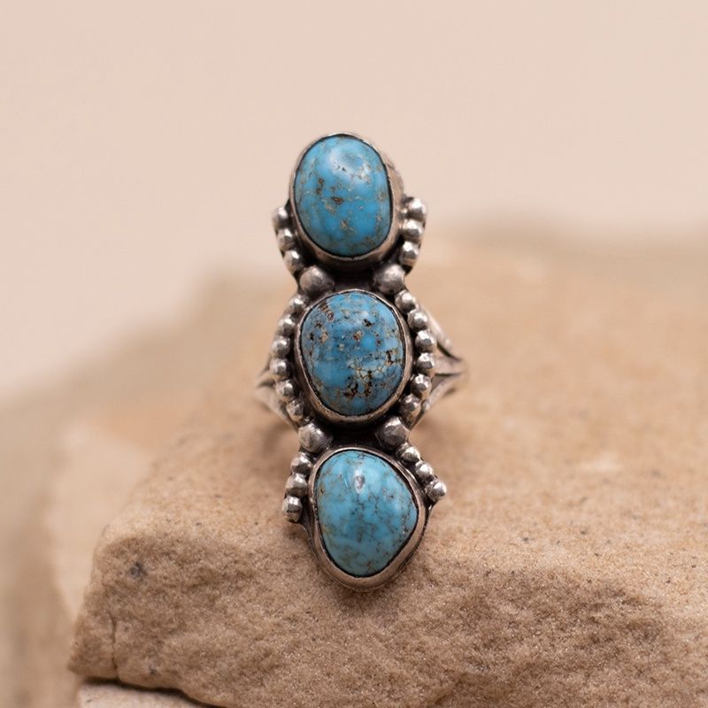 3-Stone Vintage Turquoise Ring w/ Bead Details