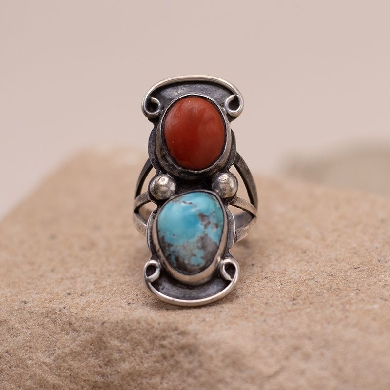 2-Stone Turquoise &amp; Coral Ring