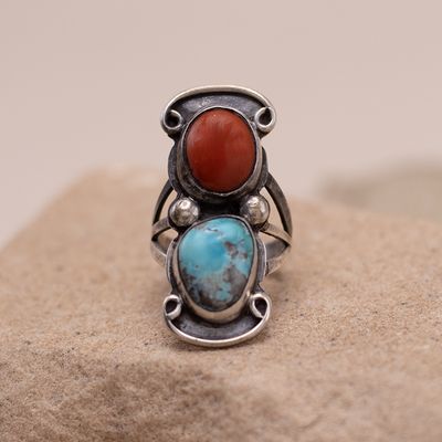 2-Stone Turquoise &amp; Coral Ring