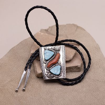Vintage Turquoise &amp; Coral Bolo w/ Snake Design