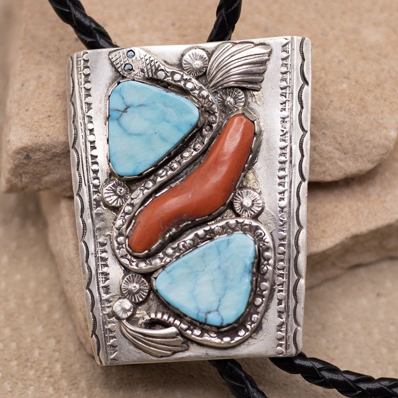 Vintage Turquoise &amp; Coral Bolo w/ Snake Design