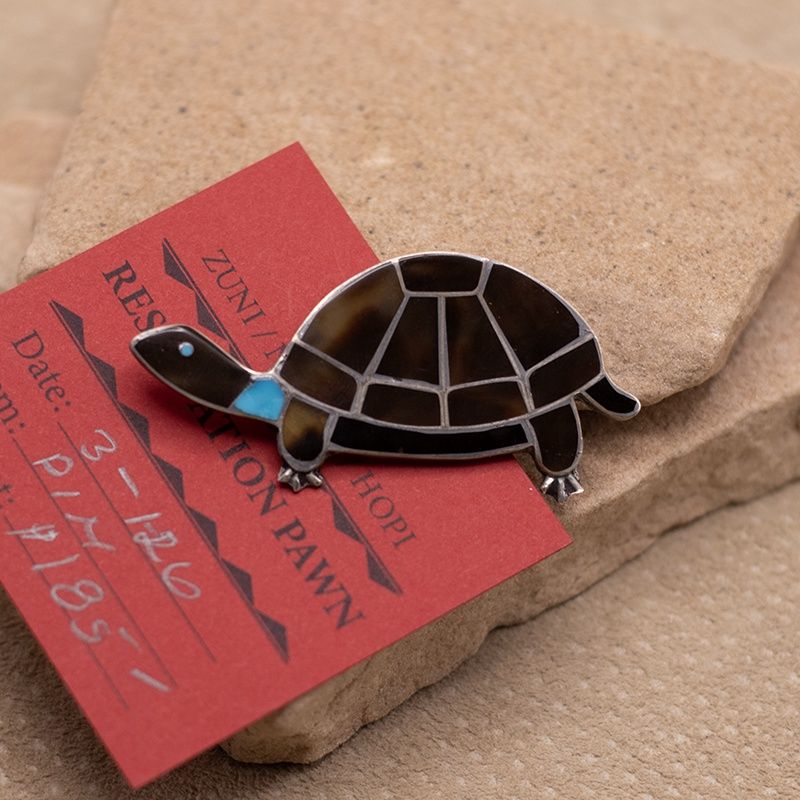 Tortoise Shell &amp; Turquoise Inlaid Turtle Brooch